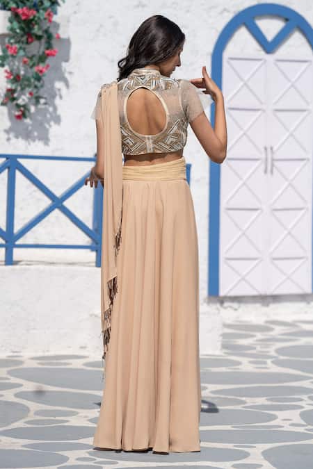 Shop Tamaraa By Tahani Beige Net, Double Georgette Mandarin Collar Pre-draped Saree With Blouse at Aza Fashions Shop_Tamaraa By Tahani_Beige Net, Double Georgette Mandarin Collar Pre-draped Saree With Blouse _at_Aza_Fashions