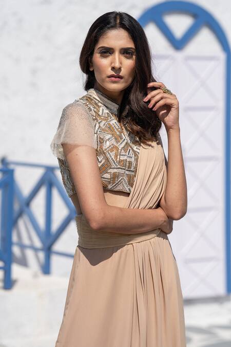 Tamaraa By Tahani Beige Net, Double Georgette Mandarin Collar Pre-draped Saree With Blouse at Aza Fashions Tamaraa By Tahani_Beige Net, Double Georgette Mandarin Collar Pre-draped Saree With Blouse _at_Aza_Fashions