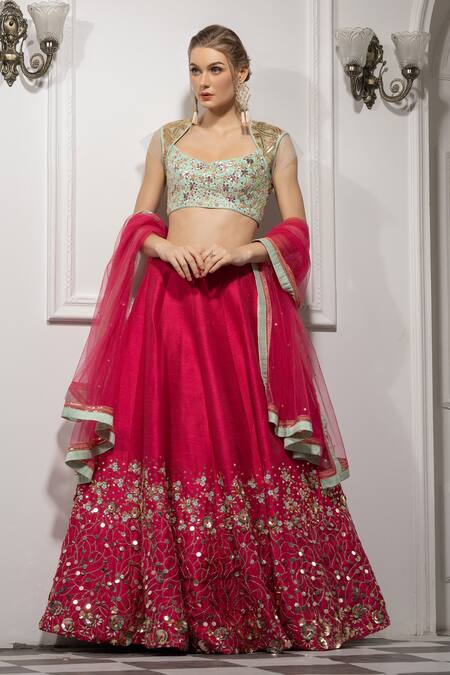 Tamaraa By Tahani Pink Pure Raw Silk Embroidered Lehenga Set