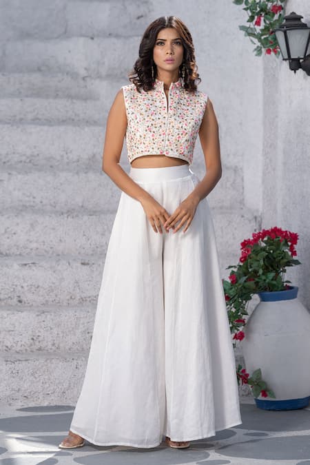 Tamaraa By Tahani White Linen Satin Mandarin Collar Pant Set 