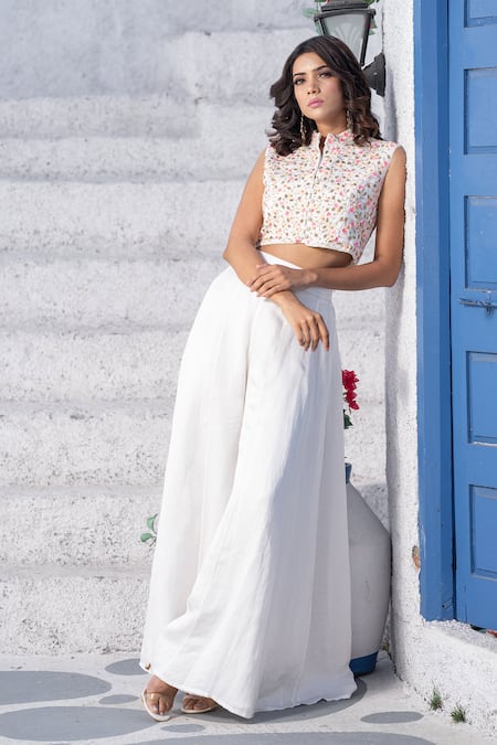 Tamaraa By Tahani White Linen Satin Mandarin Collar Pant Set Online at Aza Fashions Tamaraa By Tahani_White Linen Satin Mandarin Collar Pant Set _Online_at_Aza_Fashions