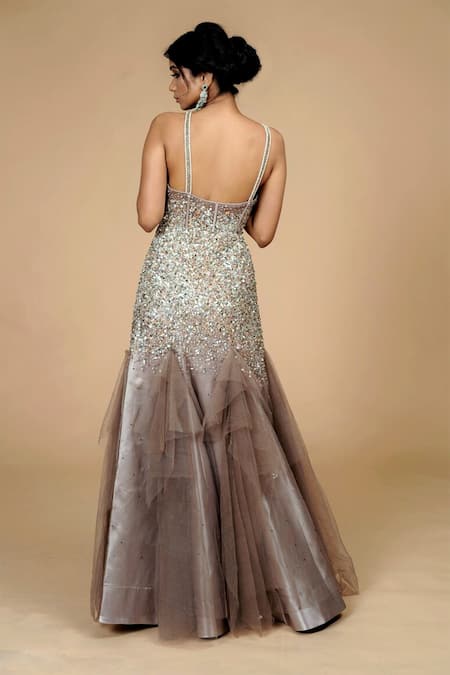 Shop Tamaraa By Tahani Grey Tulle, Duchess Satin Sweetheart Neck Embroidered Gown at Aza Fashions Shop_Tamaraa By Tahani_Grey Tulle, Duchess Satin Sweetheart Neck Embroidered Gown _at_Aza_Fashions