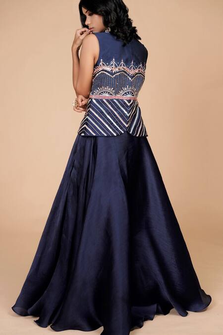 Shop Tamaraa By Tahani Blue Organza, Silk Taffeta V Neck Embroidered Jacket Lehenga Set at Aza Fashions Shop_Tamaraa By Tahani_Blue Organza, Silk Taffeta V Neck Embroidered Jacket Lehenga Set_at_Aza_Fashions