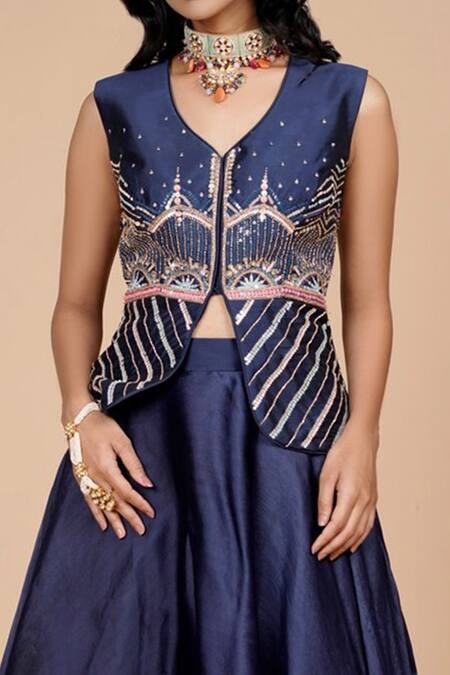 Shop Tamaraa By Tahani Blue Organza, Silk Taffeta V Neck Embroidered Jacket Lehenga Set Online at Aza Fashions Shop_Tamaraa By Tahani_Blue Organza, Silk Taffeta V Neck Embroidered Jacket Lehenga Set_Online_at_Aza_Fashions