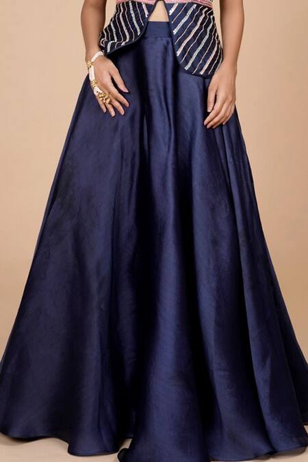 Tamaraa By Tahani Blue Organza, Silk Taffeta V Neck Embroidered Jacket Lehenga Set at Aza Fashions Tamaraa By Tahani_Blue Organza, Silk Taffeta V Neck Embroidered Jacket Lehenga Set_at_Aza_Fashions