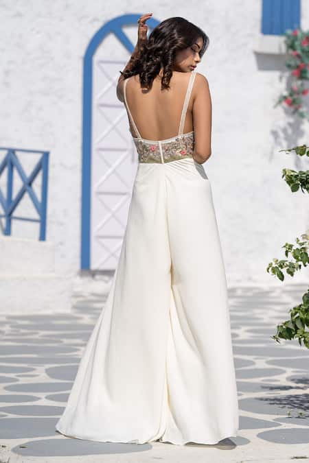 Shop Tamaraa By Tahani White Net, Double Georgette V Neck Embroidered Corset Jumpsuit at Aza Fashions Shop_Tamaraa By Tahani_White Net, Double Georgette V Neck Embroidered Corset Jumpsuit _at_Aza_Fashions