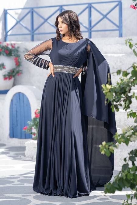Buy Tamaraa By Tahani Blue Net, Double Georgette Round Pleated Draped Gown Online at Aza Fashions Buy_Tamaraa By Tahani_Blue Net, Double Georgette Round Pleated Draped Gown _Online_at_Aza_Fashions