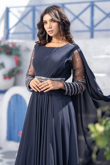 Shop Tamaraa By Tahani Blue Net, Double Georgette Round Pleated Draped Gown Online at Aza Fashions Shop_Tamaraa By Tahani_Blue Net, Double Georgette Round Pleated Draped Gown _Online_at_Aza_Fashions