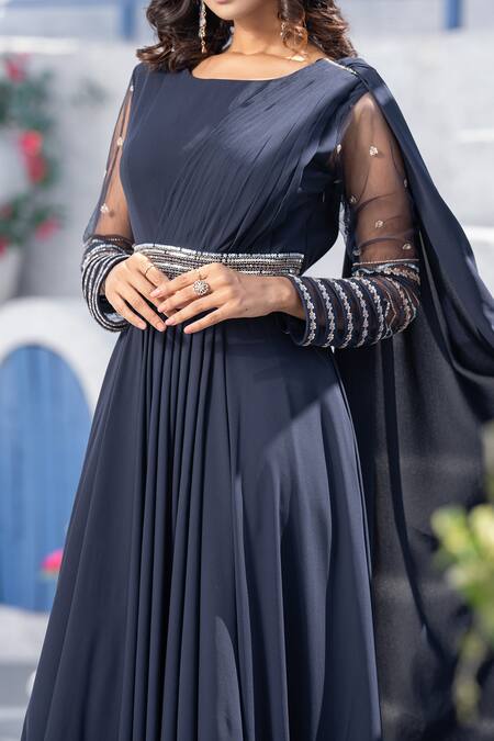 Tamaraa By Tahani Blue Net, Double Georgette Round Pleated Draped Gown at Aza Fashions Tamaraa By Tahani_Blue Net, Double Georgette Round Pleated Draped Gown _at_Aza_Fashions