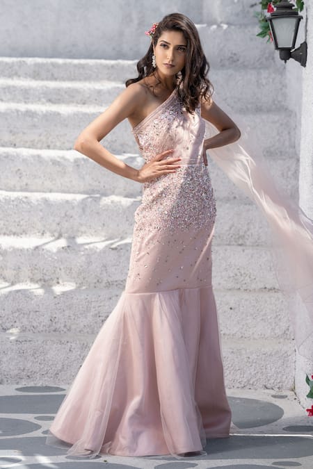 Tamaraa By Tahani Pink Tulle, Duchess Satin Asymmetric Embroidered One Shoulder Gown 