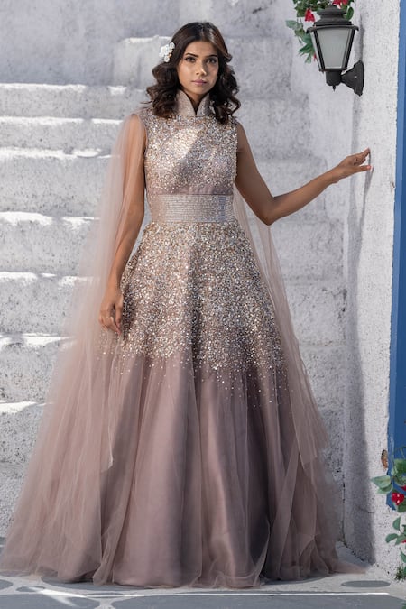Tamaraa By Tahani Grey Tulle, Duchess Satin High Neck Sequinned Flared Gown