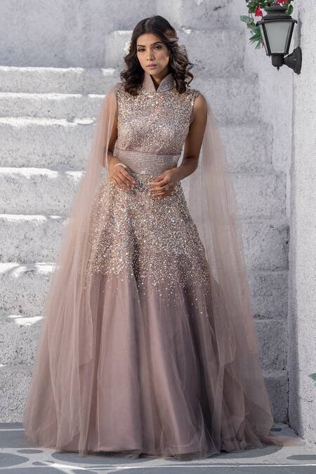 Tamaraa By Tahani_Grey Tulle, Duchess Satin High Neck Sequinned Flared Gown _Online_at_Aza_Fashions