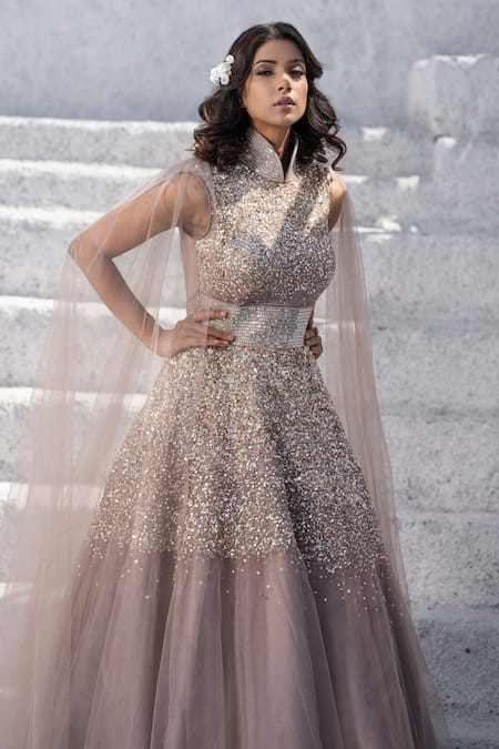 Shop_Tamaraa By Tahani_Grey Tulle, Duchess Satin High Neck Sequinned Flared Gown _Online_at_Aza_Fashions