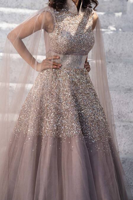 Tamaraa By Tahani_Grey Tulle, Duchess Satin High Neck Sequinned Flared Gown _at_Aza_Fashions