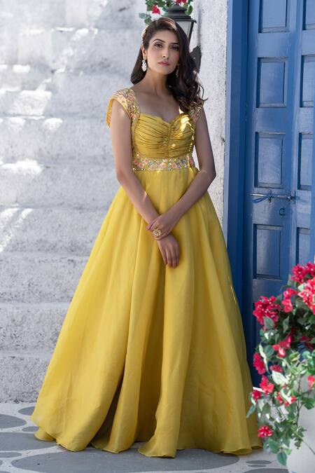 Buy Tamaraa By Tahani Yellow Organza, Silk Taffeta Sweetheart Neck Embroidered Anarkali With Dupatta Online at Aza Fashions Buy_Tamaraa By Tahani_Yellow Organza, Silk Taffeta Sweetheart Neck Embroidered Anarkali With Dupatta _Online_at_Aza_Fashions