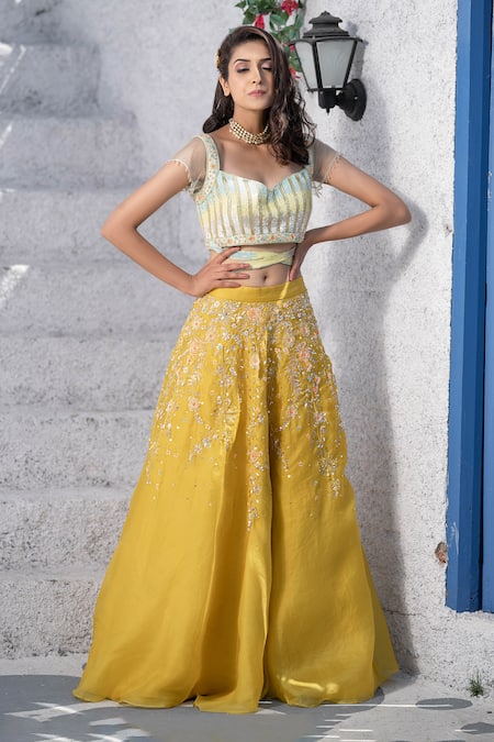 Tamaraa By Tahani Yellow Satin Organza, Silk Taffeta Sweetheart Neck Embroidered Lehenga Set Online at Aza Fashions Tamaraa By Tahani_Yellow Satin Organza, Silk Taffeta Sweetheart Neck Embroidered Lehenga Set _Online_at_Aza_Fashions