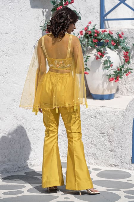 Shop Tamaraa By Tahani Yellow Net, Silk Taffeta V Neck Embroidered Cape And Pant Set at Aza Fashions Shop_Tamaraa By Tahani_Yellow Net, Silk Taffeta V Neck Embroidered Cape And Pant Set _at_Aza_Fashions