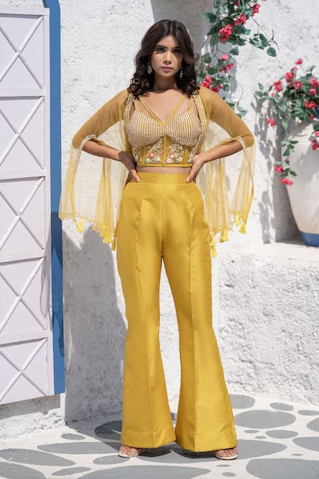 Tamaraa By Tahani Yellow Net, Silk Taffeta V Neck Embroidered Cape And Pant Set