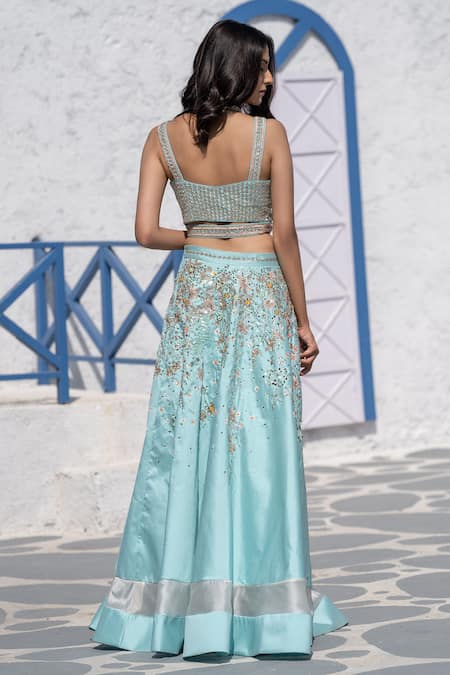Shop Tamaraa By Tahani Blue Organza, Silk Taffeta V Neck Embroidered Lehenga Set at Aza Fashions Shop_Tamaraa By Tahani_Blue Organza, Silk Taffeta V Neck Embroidered Lehenga Set _at_Aza_Fashions