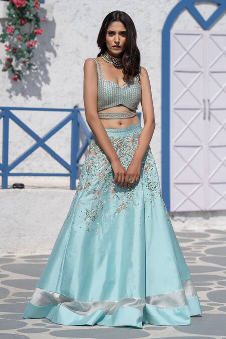 Tamaraa By Tahani Blue Organza, Silk Taffeta V Neck Embroidered Lehenga Set Online at Aza Fashions Tamaraa By Tahani_Blue Organza, Silk Taffeta V Neck Embroidered Lehenga Set _Online_at_Aza_Fashions