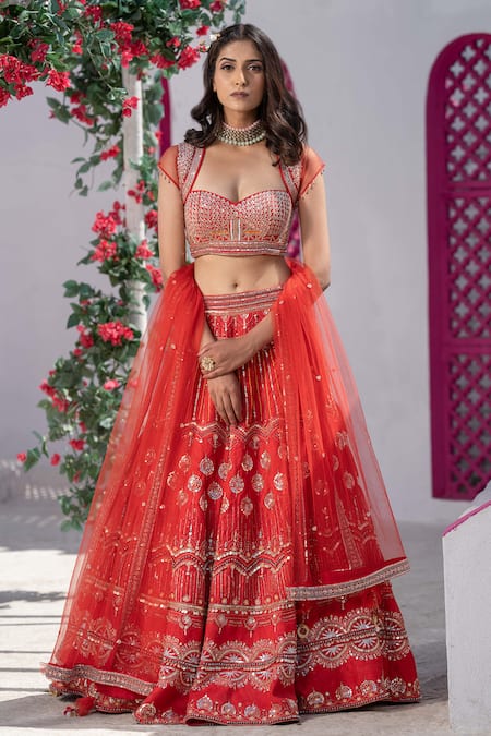 Tamaraa By Tahani Red Net, Pure Raw Silk Sweetheart Neck Embroidered Bridal Lehenga Set