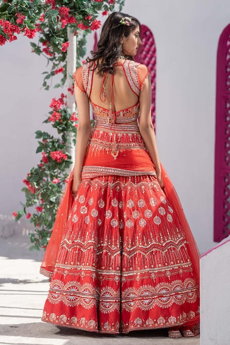 Shop Tamaraa By Tahani Red Net, Pure Raw Silk Sweetheart Neck Embroidered Bridal Lehenga Set at Aza Fashions Shop_Tamaraa By Tahani_Red Net, Pure Raw Silk Sweetheart Neck Embroidered Bridal Lehenga Set _at_Aza_Fashions