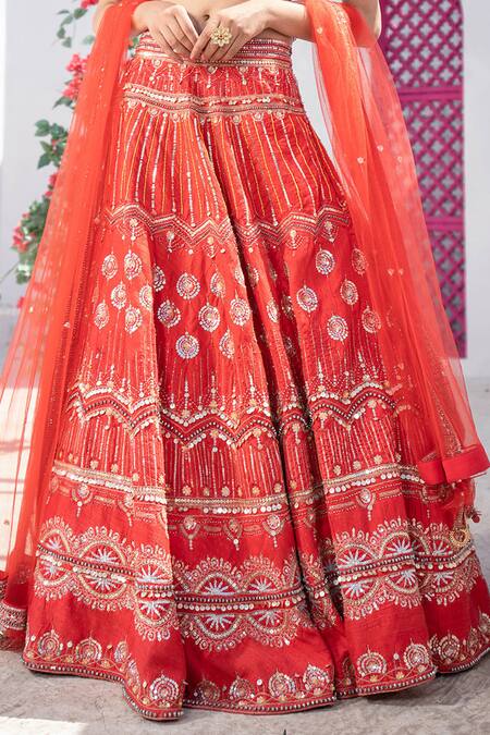 Tamaraa By Tahani Red Net, Pure Raw Silk Sweetheart Neck Embroidered Bridal Lehenga Set at Aza Fashions Tamaraa By Tahani_Red Net, Pure Raw Silk Sweetheart Neck Embroidered Bridal Lehenga Set _at_Aza_Fashions