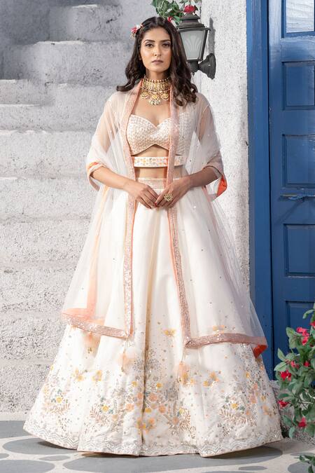 Tamaraa By Tahani White Net, Silk Taffeta Sweetheart Neck Embroidered Lehenga Set Online at Aza Fashions Tamaraa By Tahani_White Net, Silk Taffeta Sweetheart Neck Embroidered Lehenga Set _Online_at_Aza_Fashions