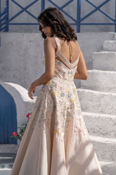 Shop Tamaraa By Tahani Beige Silk Taffeta V Neck Embroidered Anarkali With Dupatta at Aza Fashions Shop_Tamaraa By Tahani_Beige Silk Taffeta V Neck Embroidered Anarkali With Dupatta _at_Aza_Fashions