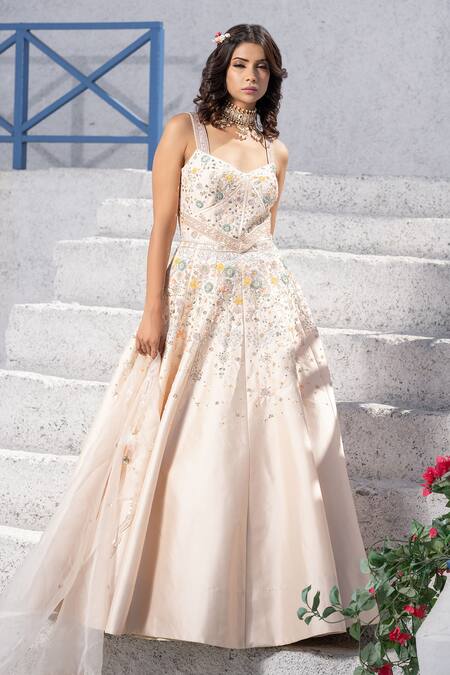 Tamaraa By Tahani Beige Silk Taffeta V Neck Embroidered Anarkali With Dupatta Online at Aza Fashions Tamaraa By Tahani_Beige Silk Taffeta V Neck Embroidered Anarkali With Dupatta _Online_at_Aza_Fashions