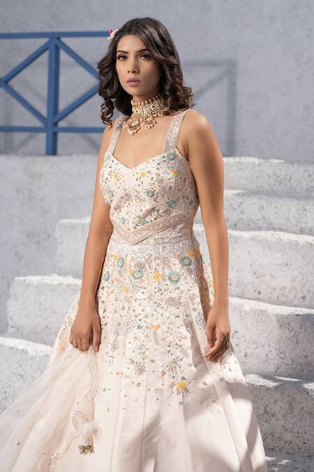 Shop Tamaraa By Tahani Beige Silk Taffeta V Neck Embroidered Anarkali With Dupatta Online at Aza Fashions Shop_Tamaraa By Tahani_Beige Silk Taffeta V Neck Embroidered Anarkali With Dupatta _Online_at_Aza_Fashions