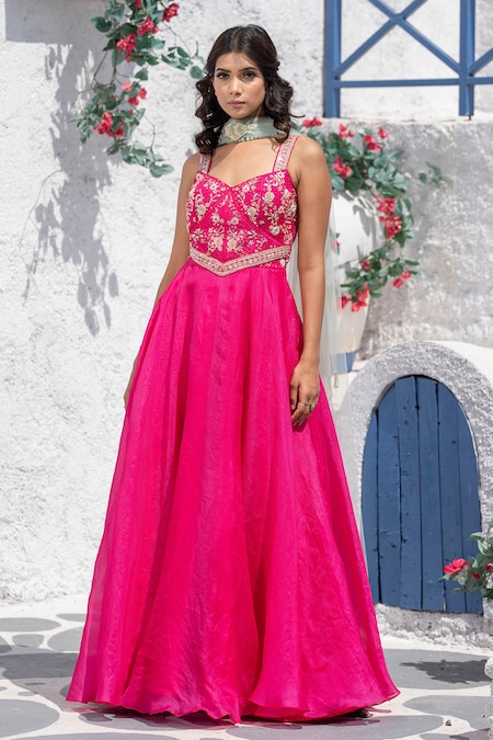 Tamaraa By Tahani Pink Satin Organza V Neck Embroidered Anarkali With Dupatta