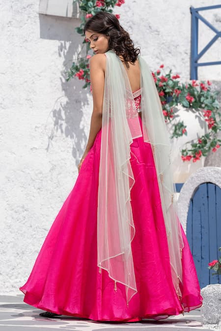 Shop Tamaraa By Tahani Pink Satin Organza, Silk Taffeta V Neck Embroidered Anarkali With Dupatta at Aza Fashions Shop_Tamaraa By Tahani_Pink Satin Organza, Silk Taffeta V Neck Embroidered Anarkali With Dupatta _at_Aza_Fashions
