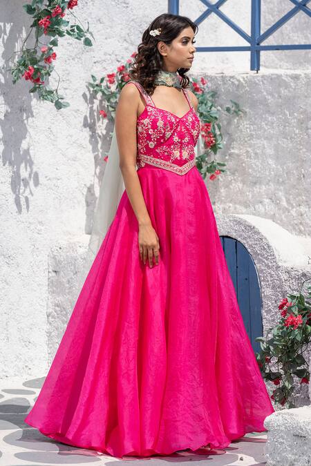 Tamaraa By Tahani Pink Satin Organza, Silk Taffeta V Neck Embroidered Anarkali With Dupatta Online at Aza Fashions Tamaraa By Tahani_Pink Satin Organza, Silk Taffeta V Neck Embroidered Anarkali With Dupatta _Online_at_Aza_Fashions