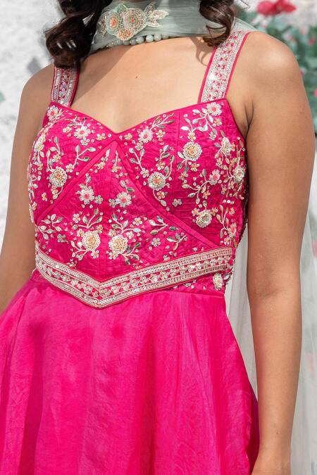 Tamaraa By Tahani Pink Satin Organza, Silk Taffeta V Neck Embroidered Anarkali With Dupatta at Aza Fashions Tamaraa By Tahani_Pink Satin Organza, Silk Taffeta V Neck Embroidered Anarkali With Dupatta _at_Aza_Fashions