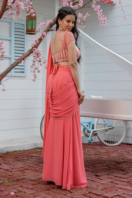 Shop Tamaraa By Tahani Pink Georgette Scoop Neck Lehenga Saree With Embroidered Blouse at Aza Fashions Shop_Tamaraa By Tahani_Pink Georgette Scoop Neck Lehenga Saree With Embroidered Blouse_at_Aza_Fashions