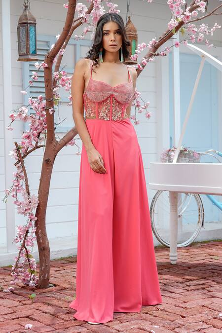 Tamaraa By Tahani_Pink Georgette Sweetheart Neck Embellished Corset Jumpsuit _Online_at_Aza_Fashions