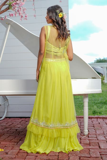 Shop_Tamaraa By Tahani_Green Silk, Net Sweetheart Neck Embroidered Jacket And Lehenga Set _at_Aza_Fashions