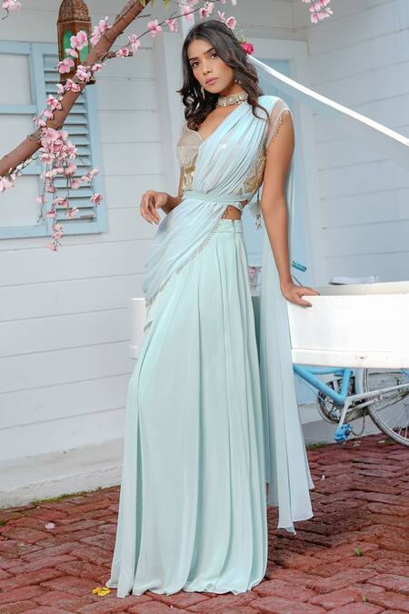 Tamaraa By Tahani Blue Georgette Sweetheart Neck Pre-draped Ruffle Saree With Blouse Online at Aza Fashions Tamaraa By Tahani_Blue Georgette Sweetheart Neck Pre-draped Ruffle Saree With Blouse _Online_at_Aza_Fashions