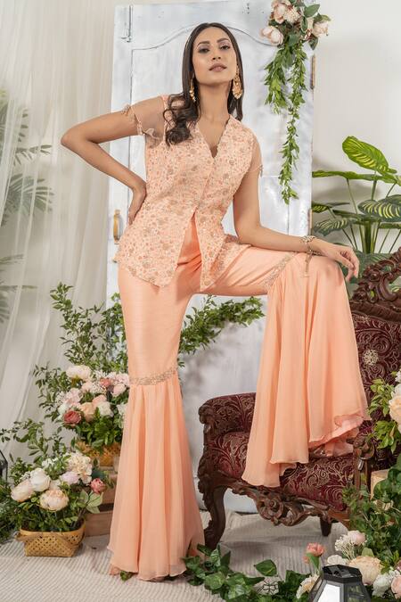 Tamaraa By Tahani Peach Silk And Georgette V Neck Embroidered Jacket & Sharara Set Online at Aza Fashions Tamaraa By Tahani_Peach Silk And Georgette V Neck Embroidered Jacket & Sharara Set _Online_at_Aza_Fashions