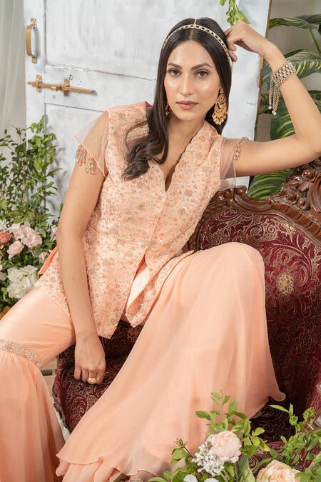 Shop Tamaraa By Tahani Peach Silk And Georgette V Neck Embroidered Jacket & Sharara Set Online at Aza Fashions Shop_Tamaraa By Tahani_Peach Silk And Georgette V Neck Embroidered Jacket & Sharara Set _Online_at_Aza_Fashions