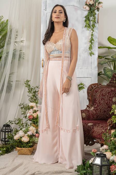 Tamaraa By Tahani_Pink Georgette And Net Sweetheart Neck Embroidered Jacket & Pant Set _Online_at_Aza_Fashions