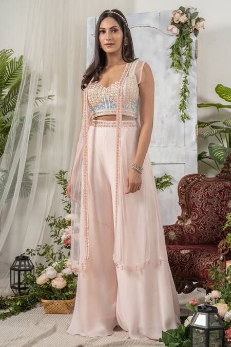 Buy_Tamaraa By Tahani_Pink Georgette And Net Sweetheart Neck Embroidered Jacket & Pant Set _Online_at_Aza_Fashions
