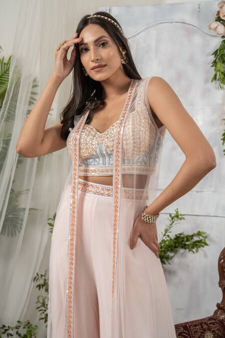 Shop_Tamaraa By Tahani_Pink Georgette And Net Sweetheart Neck Embroidered Jacket & Pant Set _Online_at_Aza_Fashions