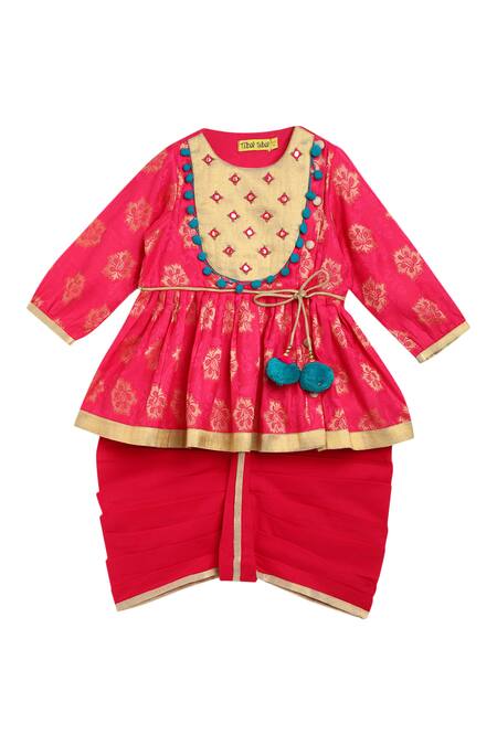 Tiber Taber_Pink Cotton Embroidered Angrakha And Dhoti Pant Set _Online_at_Aza_Fashions