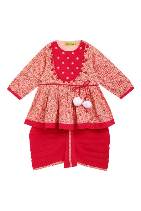 Tiber Taber_Pink Cotton Embroidered Angrakha And Dhoti Pant Set _Online_at_Aza_Fashions