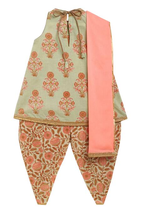 Buy_Tiber Taber_Green Cotton Printed Kurta And Dhoti Pant Set _Online_at_Aza_Fashions