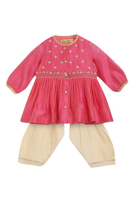 Tiber Taber_Pink Cotton, Silk, Chanderi Embroidery Angrakha Set_Online_at_Aza_Fashions