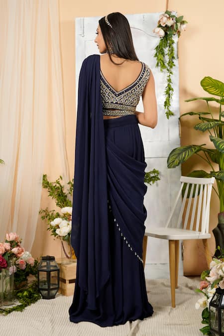 Shop_Tamaraa By Tahani_Blue Georgette V Neck Draped Lehenga Saree With Blouse _at_Aza_Fashions