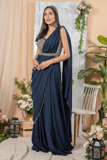 Tamaraa By Tahani Blue Georgette V Neck Draped Lehenga Saree With Blouse Online at Aza Fashions Tamaraa By Tahani_Blue Georgette V Neck Draped Lehenga Saree With Blouse _Online_at_Aza_Fashions
